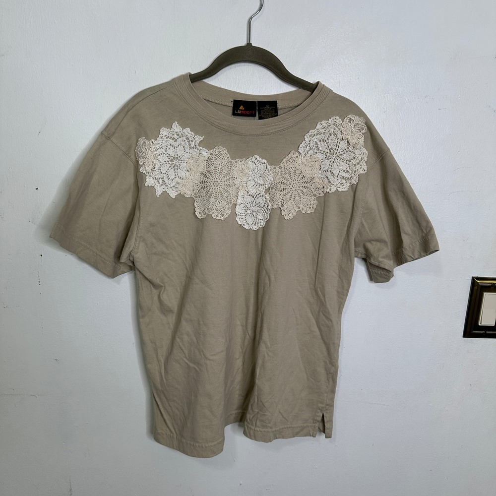 Lizsport Liz Claiborne Tan Cotton T-Shirt Crochet Doily Lace Applique Vintage M